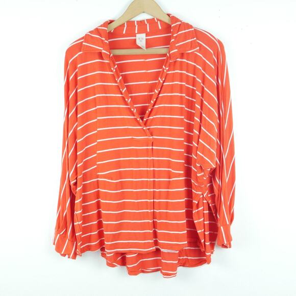 We The Free People XS Top Oversized Red Stripe Collared Boyfriend Preppy Relaxed - Picture 1 of 8